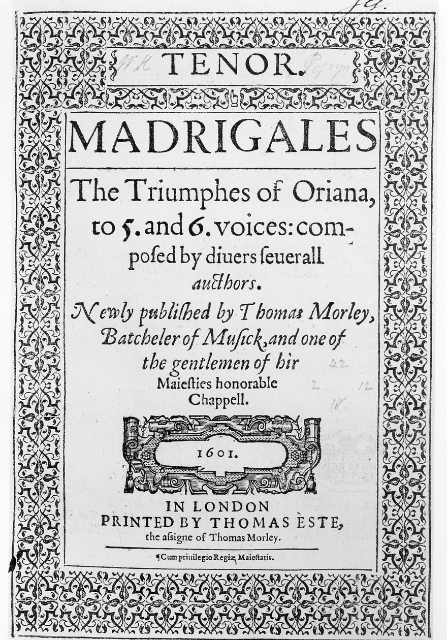 Omslag till tenordelen av The Triumphes of Oriana, publicerad av Thomas Este, 1601 av English School
