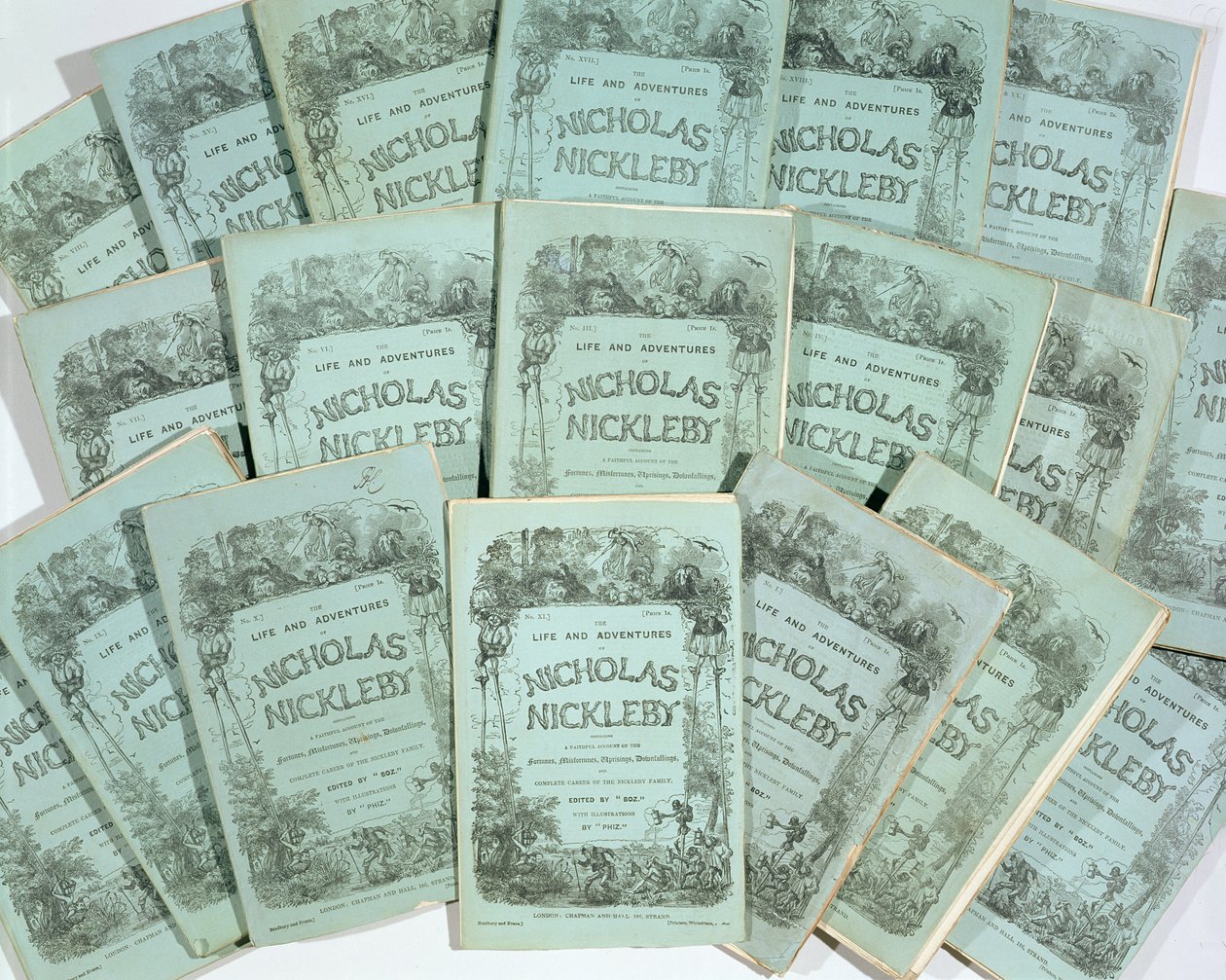 Omslag från Monthly Issues of The Life and Adventures of Nicholas Nickleby av Charles Dickens (1812-70), publicerade 1839 (se 136075) av English School