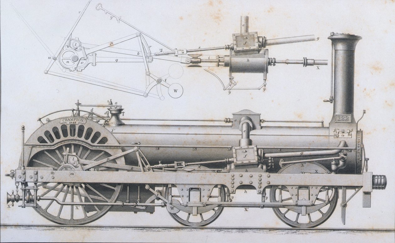 Cramptons Railway Locomotive Steam Engine från Cyclopaedia of Useful Arts & Manufactures, redigerad av Charles Tomlinson, ca 1880-talet av English School
