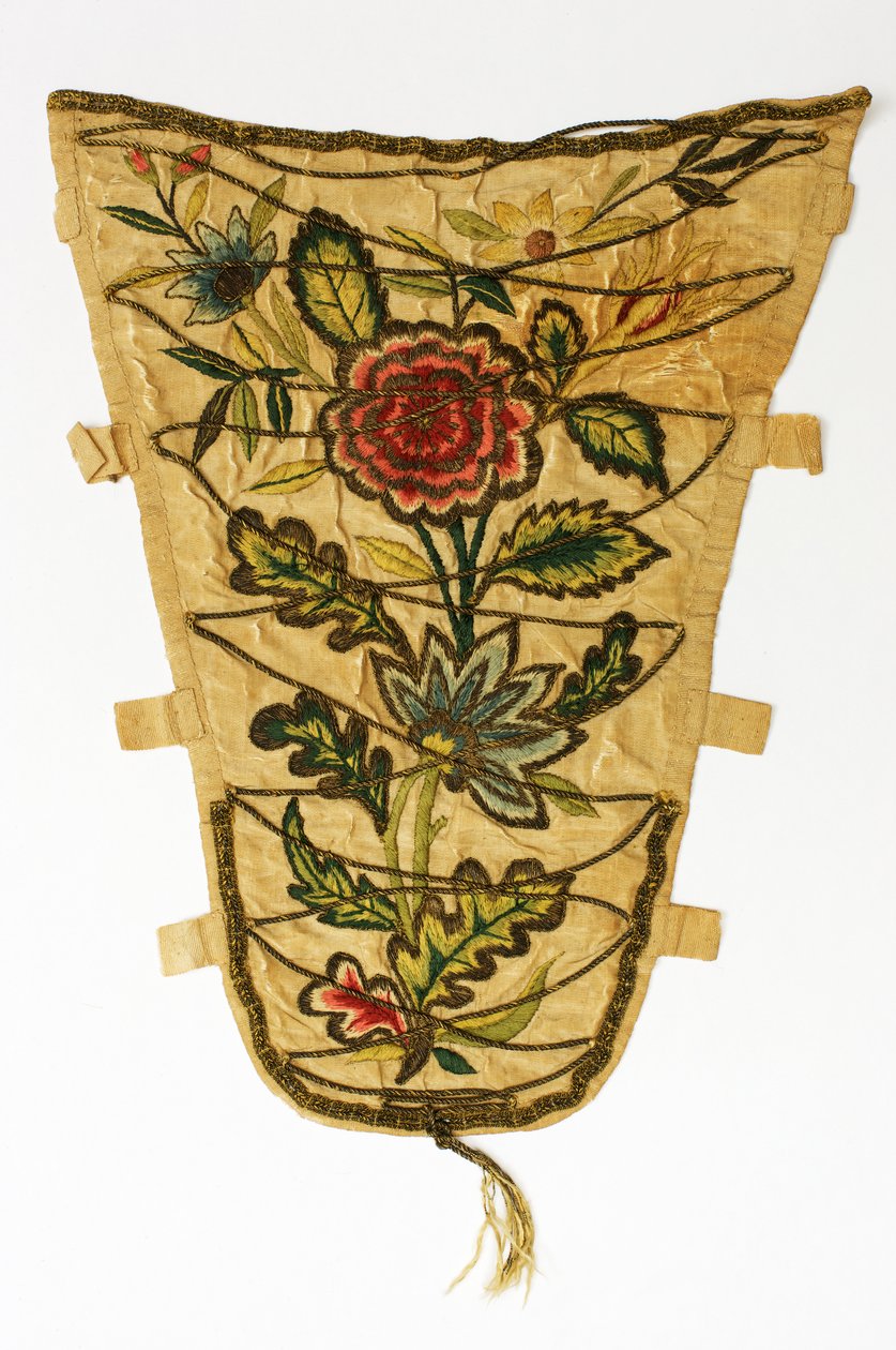 Cream stomacher broderad med en posy av blommor i färgad och silverförgylld tråd, ca 1700-50 (silke) av English School