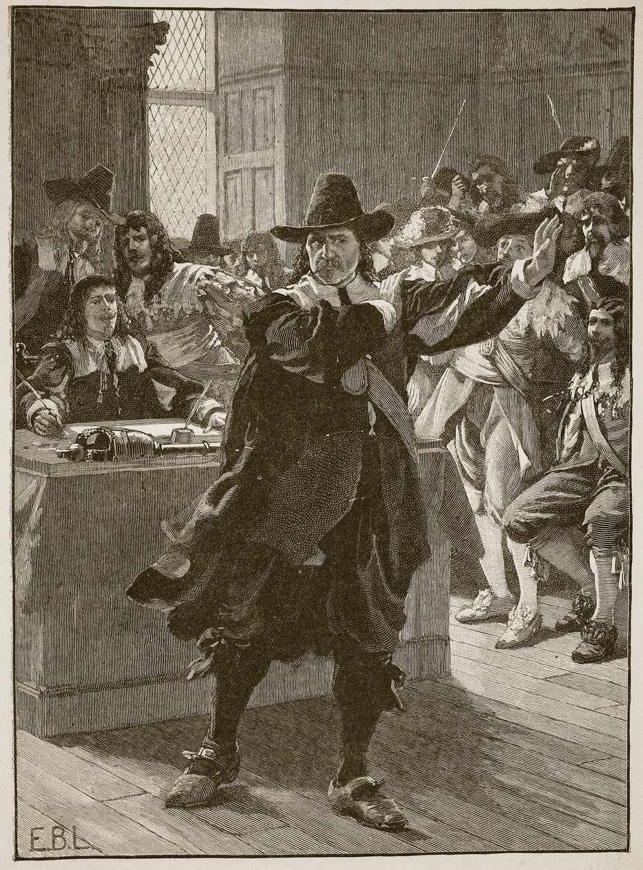 Cromwell talar till det långa parlamentet för sista gången, illustration från Cassells Illustrated History of England (sepiafoto) av English School