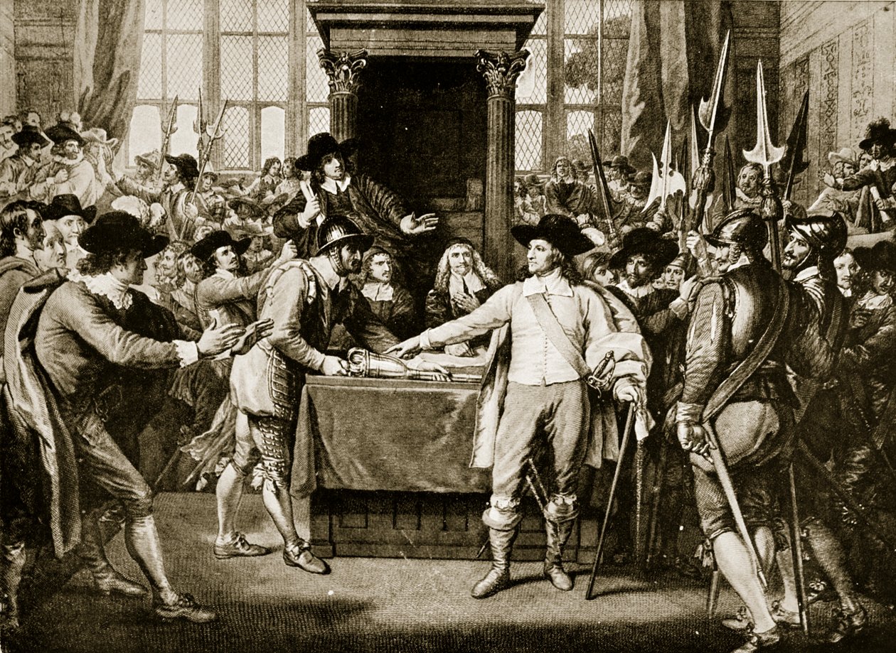 Cromwell dissolving the Long Parliament, 1653, illustration från Hutchinsons Story of the British Nation, c.1923 av English School