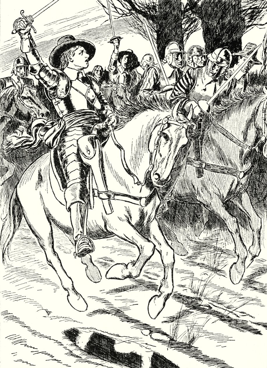 Cromwell leder sina ironsides till strid (litografi) av English School