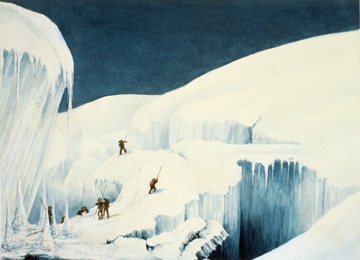Crossing a Ravine, from A Narrative of an Ascent to the Summit of Mont Blanc av Charles Fellows (1799-1860), publicerad 1827 av English School