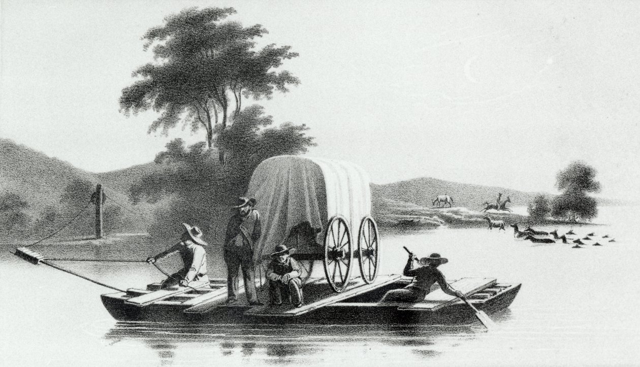 Crossing of the Platte Mouth of Deer Creek, från Exploration and Survey of the Valley of the Great Salt Lake of Utah av Howard Stansbury, publicerad 1852 av English School