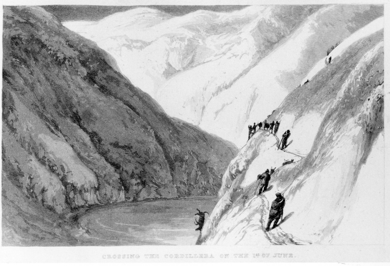 Crossing the Cordillera den 1 juni, från Travels in South America av Alexander Caldcleugh, 1825 av English School
