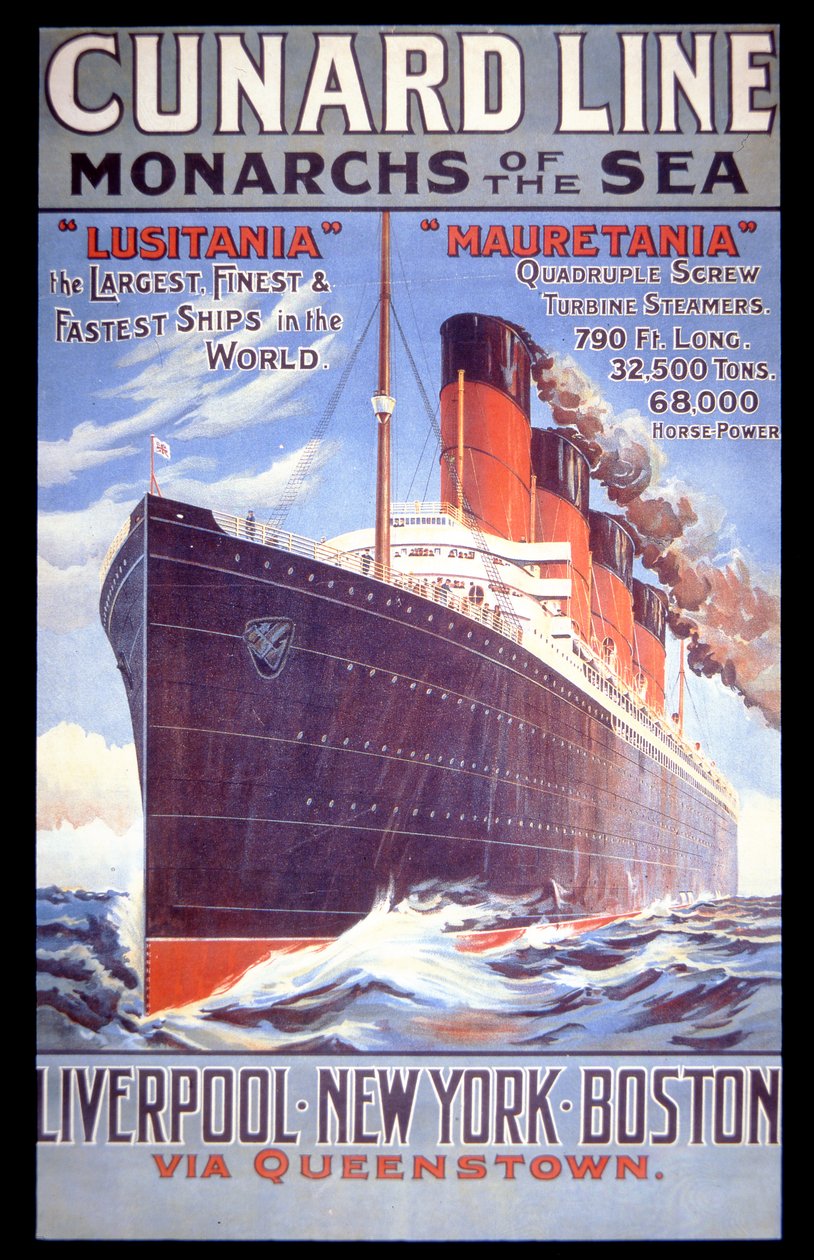 "Cunard Line - Monarchs of the Sea", affisch för Lusitania och Mauretania av English School