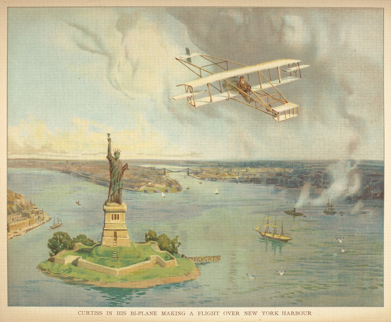 "Curtiss i sitt tvåplan som flyger över New Yorks hamn." Little people