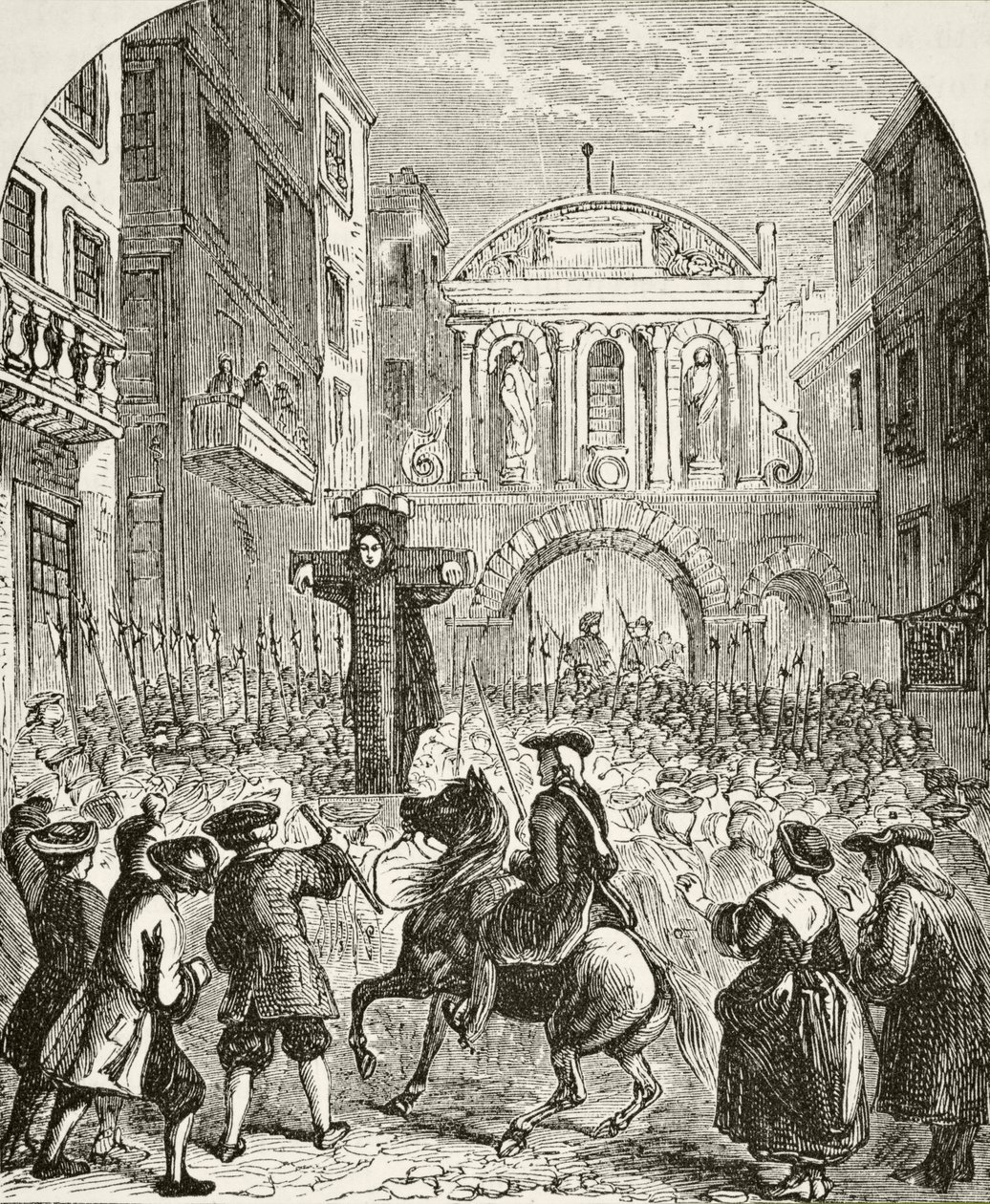 Daniel Defoe i skampålen vid Temple Bar, från "The National and Domestic History of England" av William Hickman Smith Aubrey (1858-1916), utgiven i London, omkring 1890. av English School