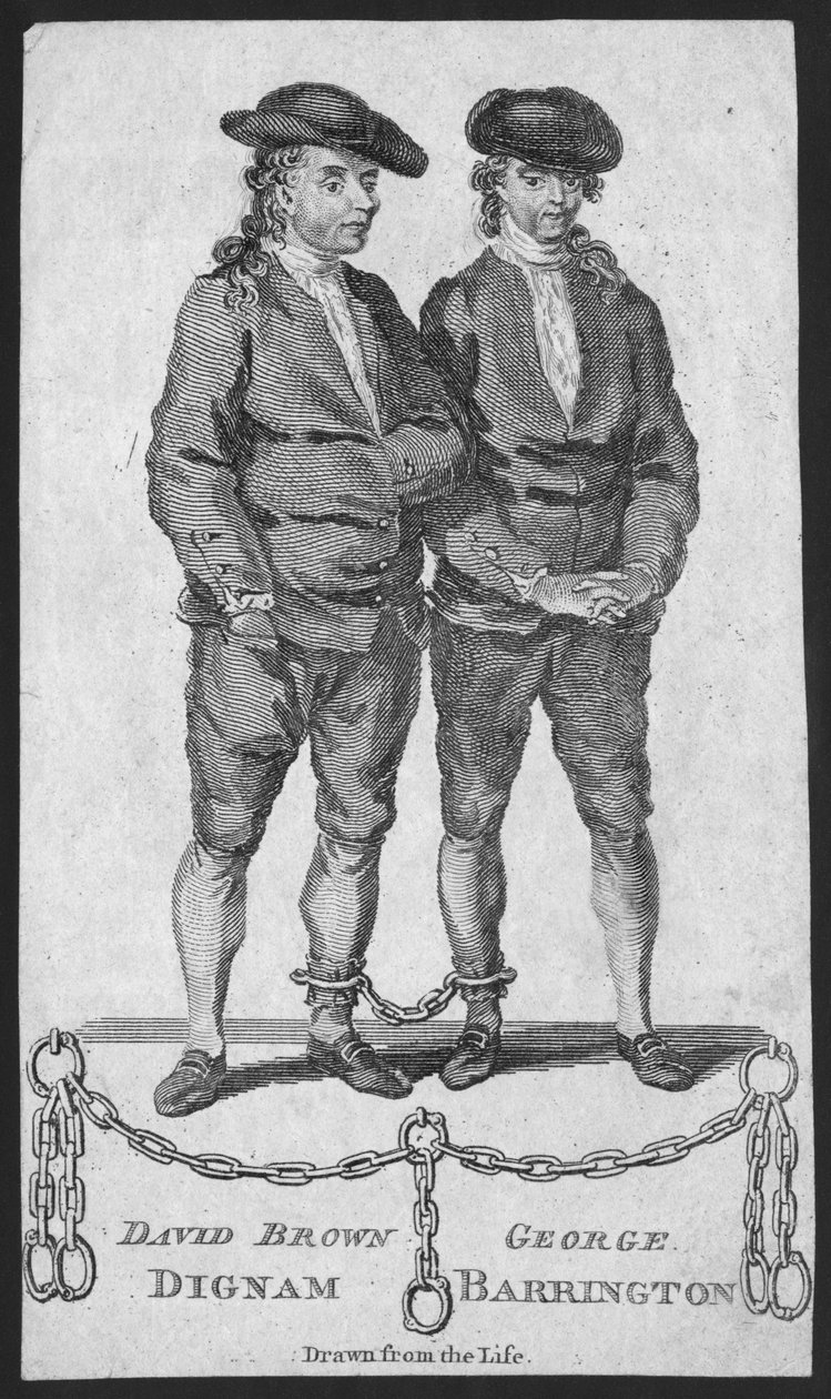 David Brown Dignam och George Barrington, illustration från London Magazine, maj 1777 av English School
