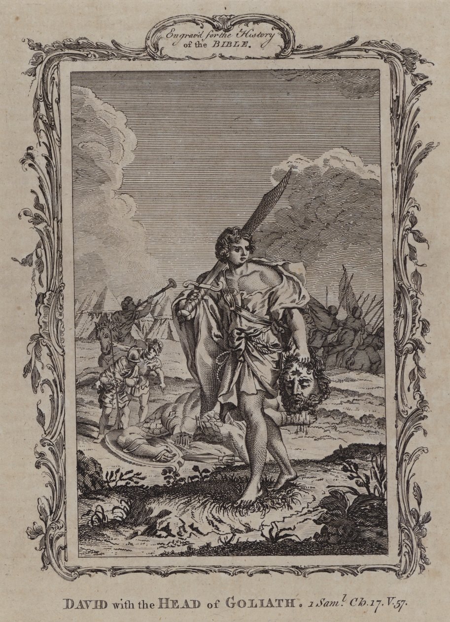 David med Goliat-huvudet (gravyr) av English School