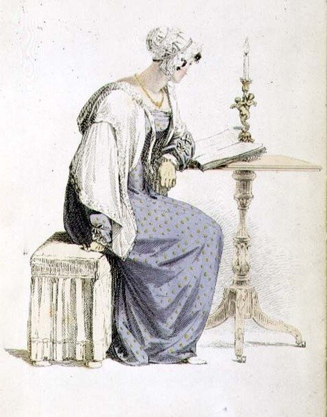 Dagklänning, modetallrik från Ackermanns Repository of Arts (färgad gravyr) av English School