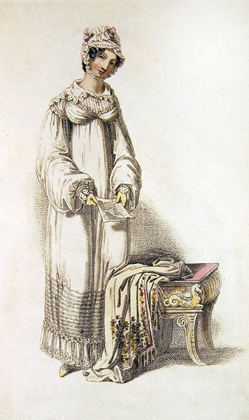 Dagklänning, modetallrik från Ackermanns Repository of Arts (färgad gravyr) av English School