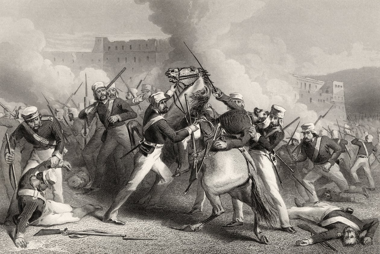 Brigadier Adrian Hopes död i attacken mot Fort of Roodmow, 15 april 1858, från "The History of the Indian Mytery" publicerad 1858 av English School