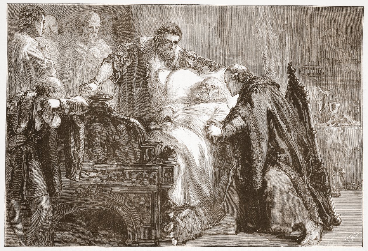 Död av Frederic den vise, kurfursten av Sachsen, illustration från The History of Protestantism av James Aitken Wylie (1808-1890), pub. 1878 av English School