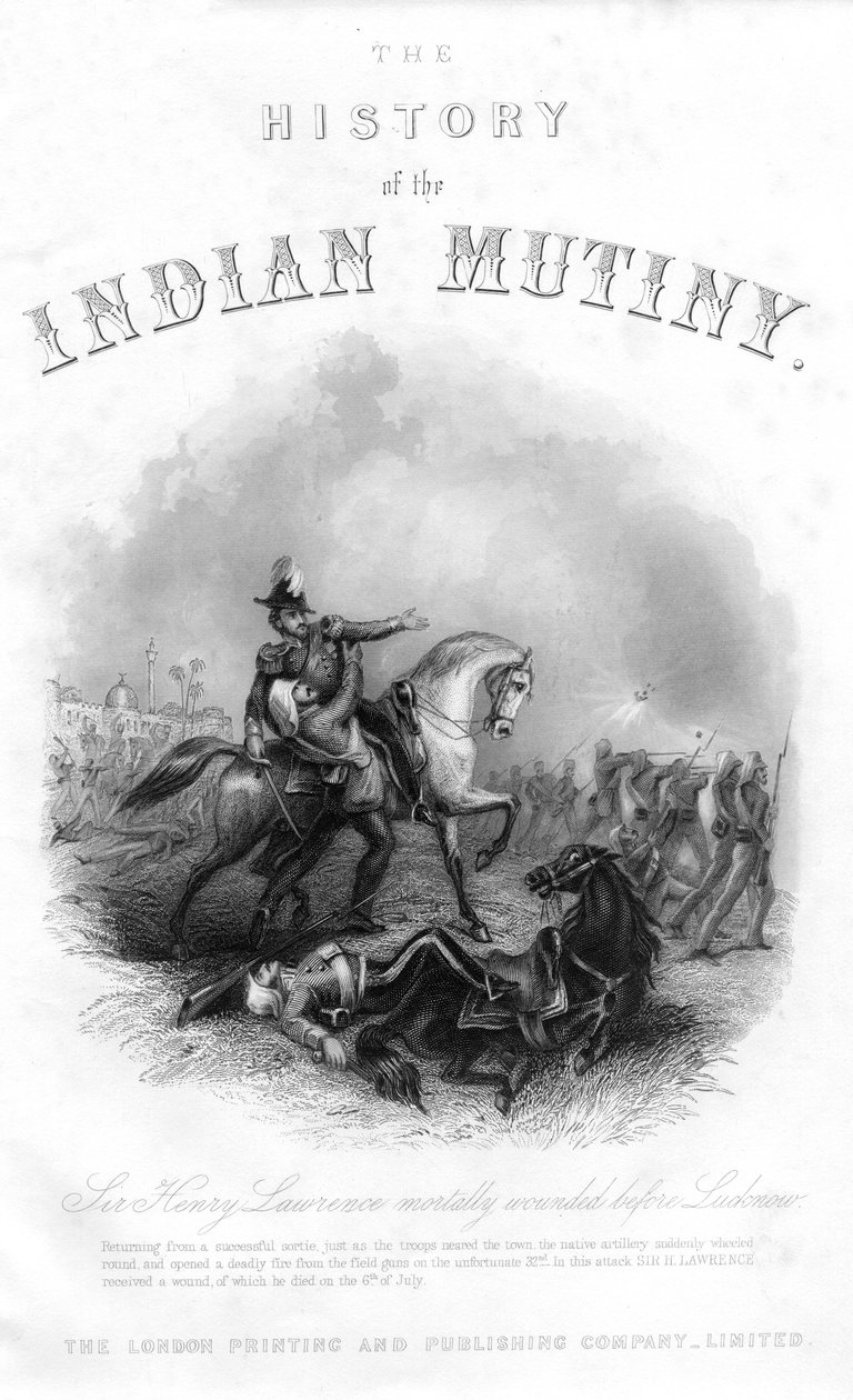 Sir Henry Montgomery Lawrences död, från The History of the Indian Mytery, publicerad 1858 av English School