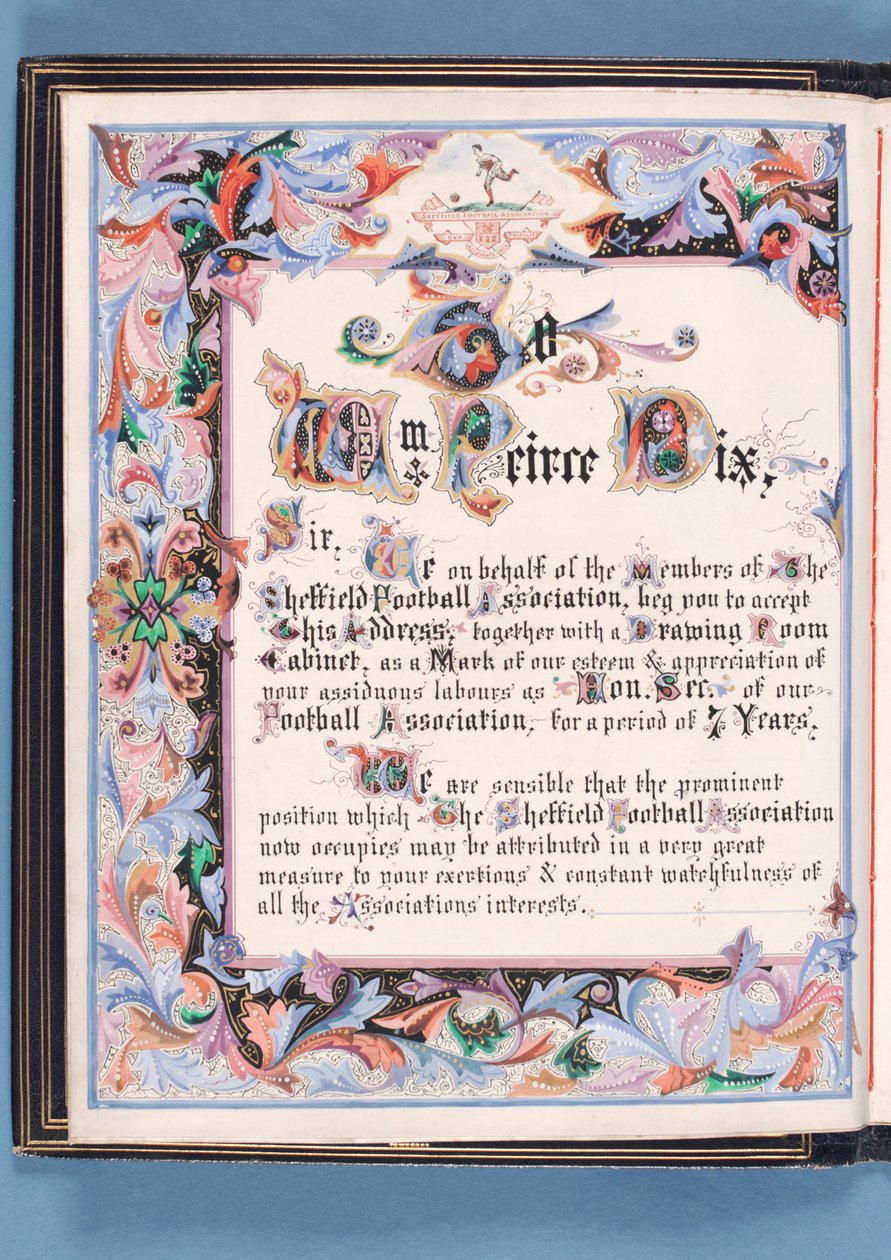 Dedikation från en adress som presenterades av Sheffield Football Association till William Pierce-Dix i samband med hans pensionering som sekreterare, 1882 (bläck på papper) (se även 315163) av English School