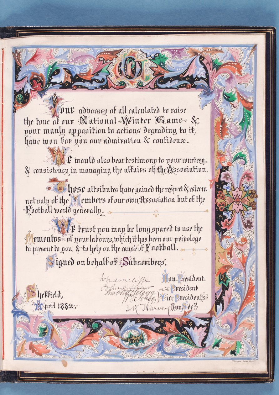 Dedikation från en adress som presenterades av Sheffield Football Association till William Pierce-Dix i samband med hans pensionering som sekreterare, 1882 (bläck på papper) (se även 315162) av English School
