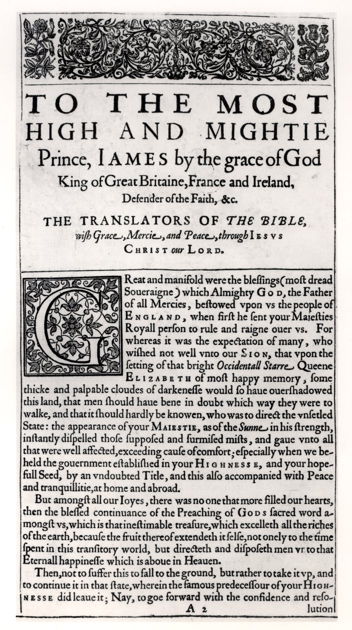 Dedikationssida i The Holy Bible, pub. av Robert Barker, 1611 av English School