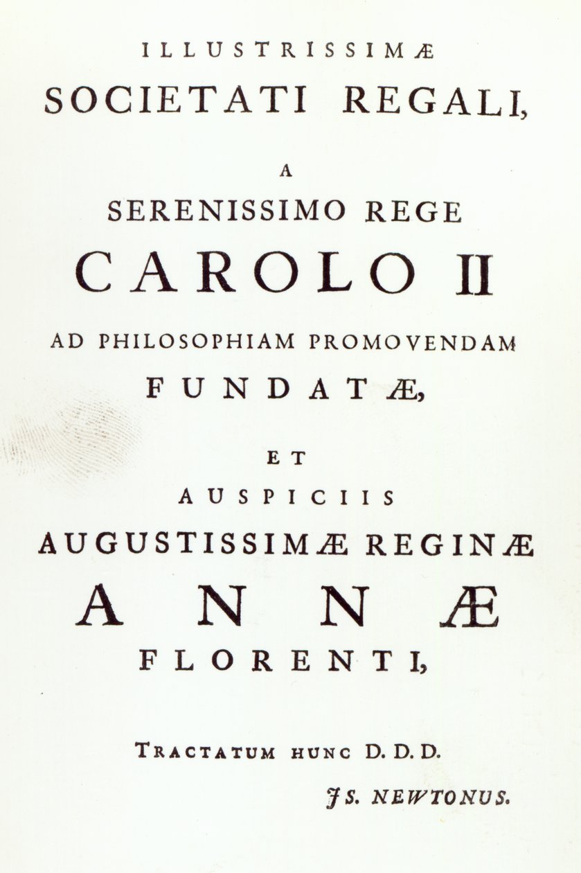 Dedikation till Royal Society of the Second Edition av Newtons Philosophiae Naturalis Principia Mathematica. 1713 av English School
