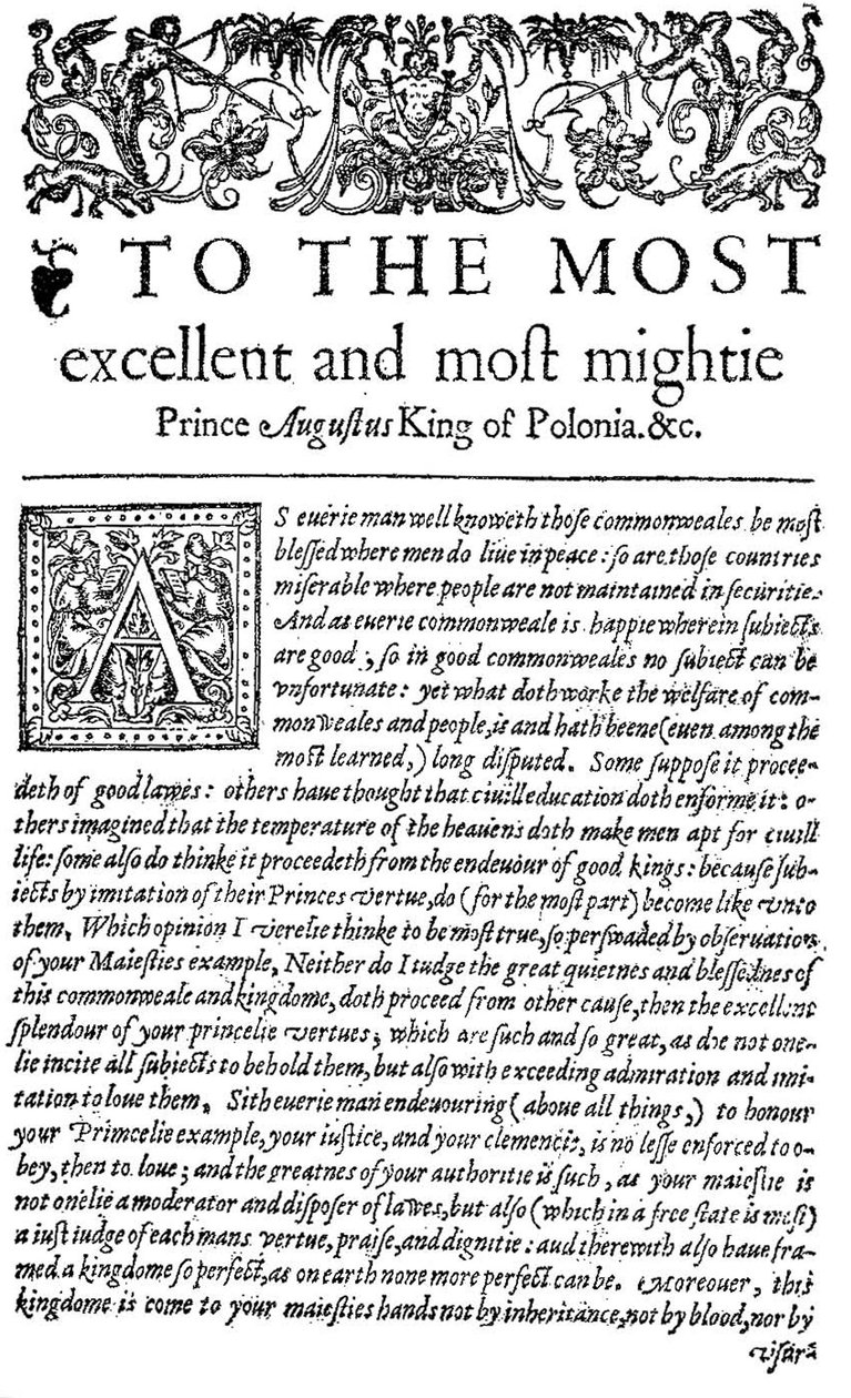 Dedikation till kungen av Polen Sigismund II Augustus I i The Counsellor, den första engelska översättningen av Wawrzyniec Grzyma?a Go?lickis De optimo senatore, 1598 (tryck) av English School