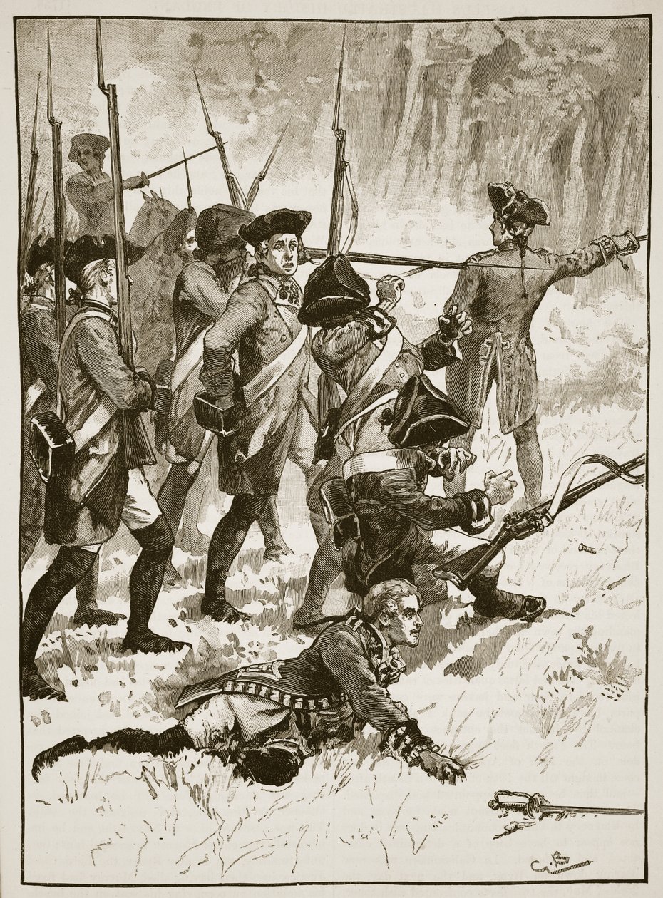 General Braddocks nederlag i det indiska bakhållet, 1755, illustration från Cassells Illustrated History of England (sepiafoto) av English School