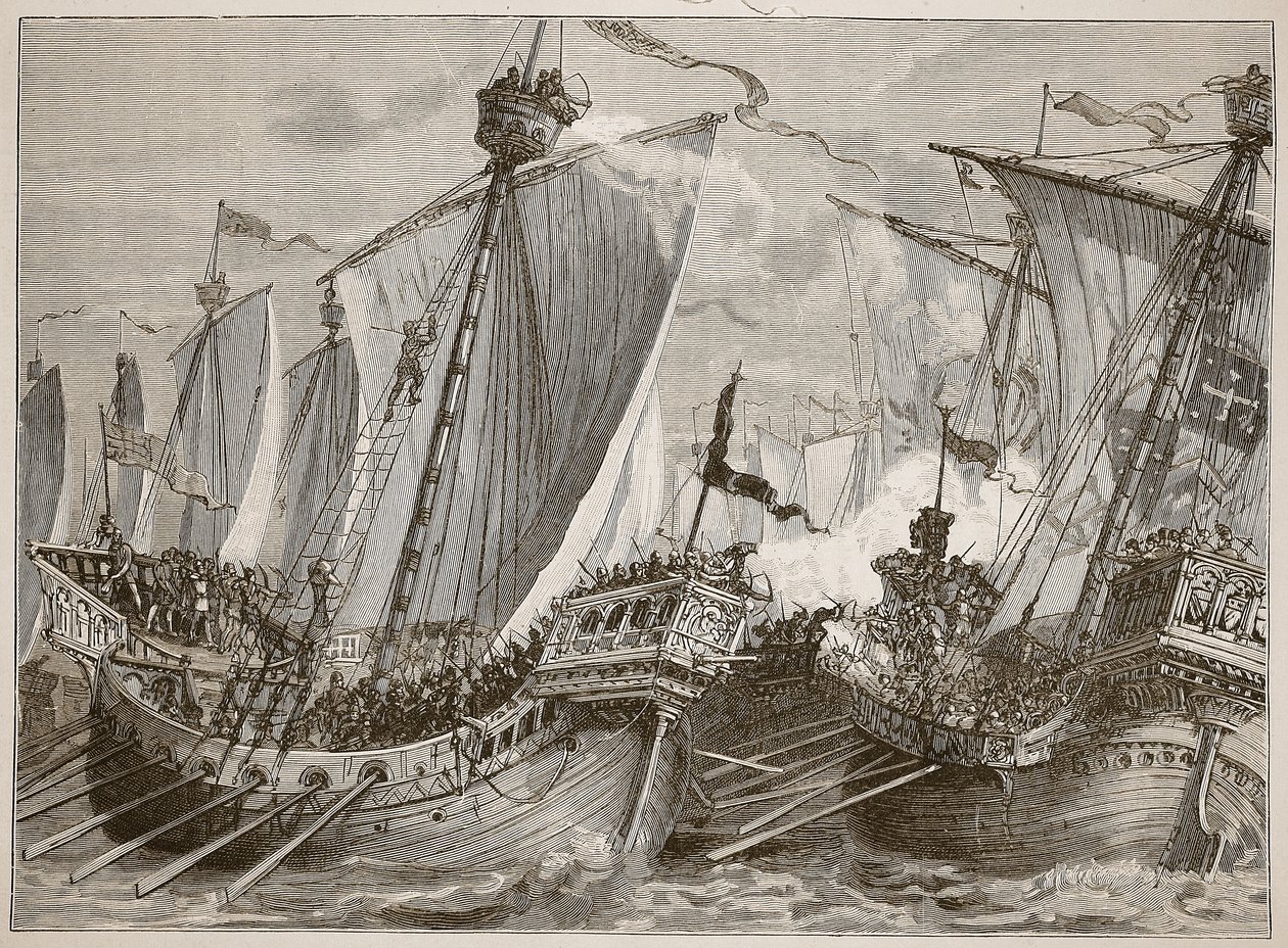 Nederlag för den franska flottan i Engelska kanalen, illustration från Cassells Illustrated History of England (sepiafoto) av English School