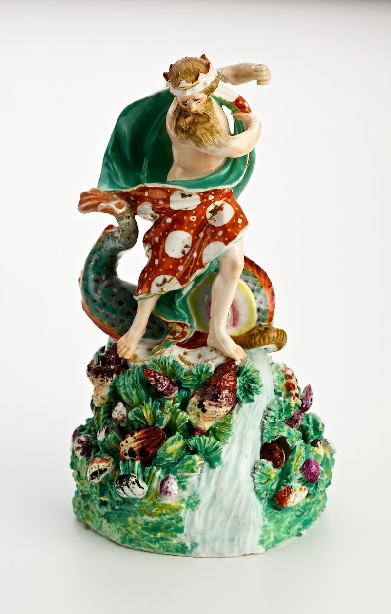 Derbyfigur av Neptunus på en stenig bas med vattenfall och snäckor, ca 1750-1800 (porslin) av English School