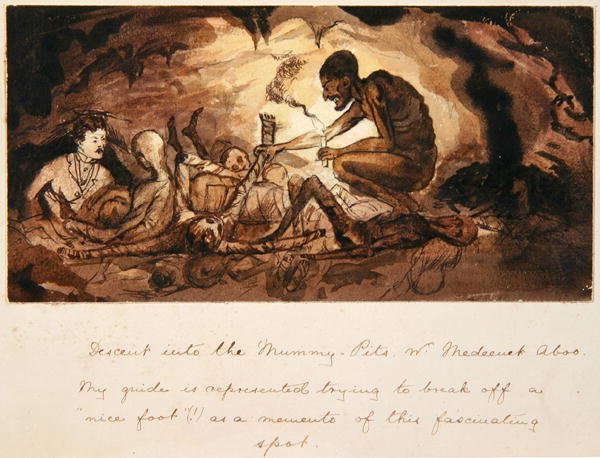Nedstigning i Mummy-Pits, nr. Medeenet Aboo, ca 1880 (penna & bläck & tvätt) av English School