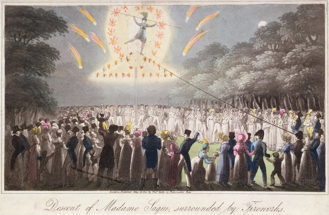 Descent of Madame Saqui, omgiven av fyrverkerier, publicerad av Thomas Kelly (fl.1820-55) London av English School