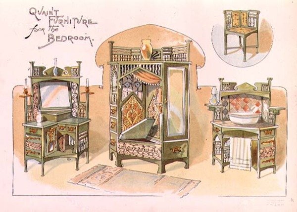 Design för "Quaint Furniture for the Bedroom", illustration från "The Cabinet Maker", pub. augusti 1897 (tryck) av English School
