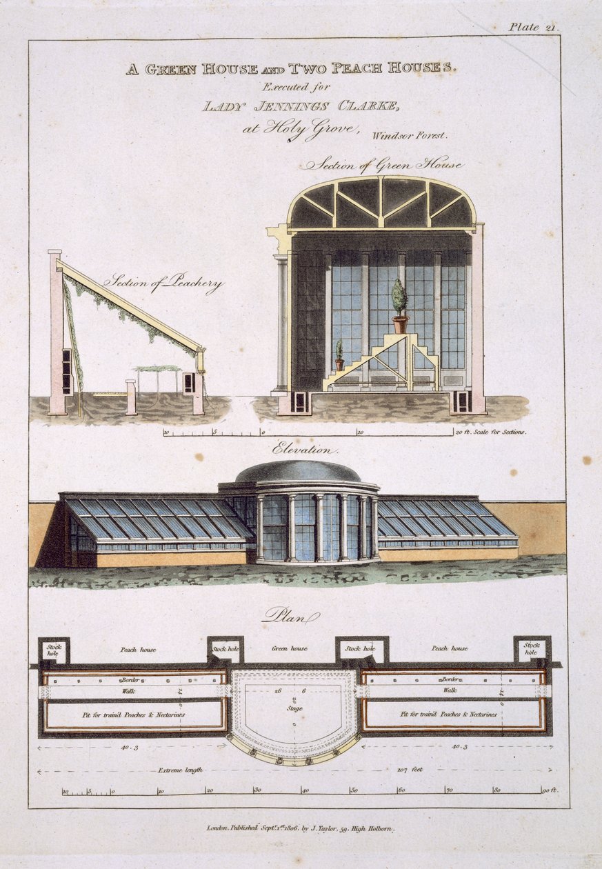 Design för ett grönt hus och två persikahus, 1806 av English School