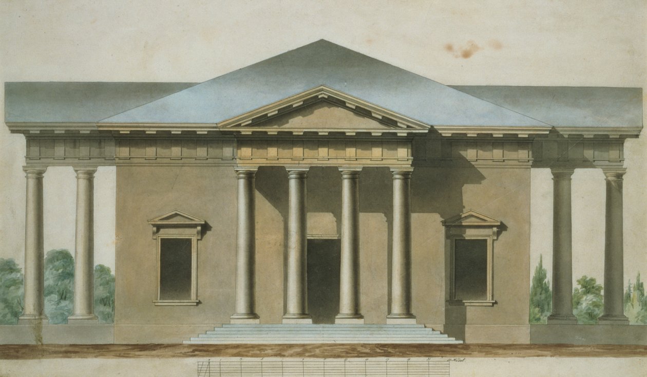 Design för en toskansk dorisk trädgårdspaviljong, ca 1830 (wc och penna och bläck på papper) av English School