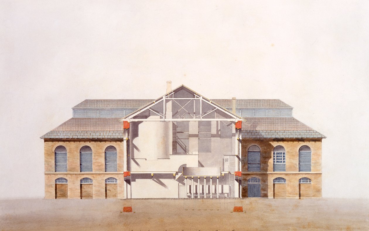 Design för Stag Brewhouse, originalmanuskriptritning från George Saunders kontor, ca 1807 (penna, wc och penna och bläck på papper) av English School