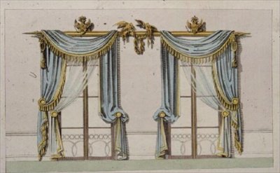Design för fönstergardiner, skylt 64 från Ackermanns Repository of Arts, publicerad 1814 (färg litho) av English School