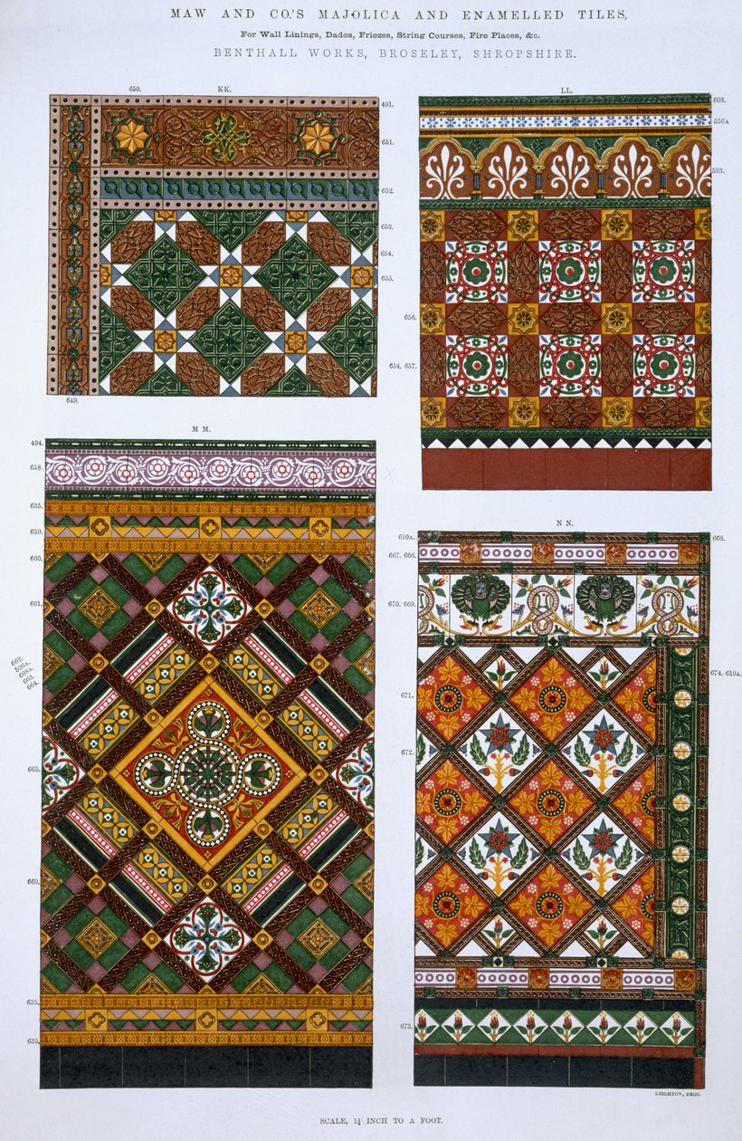 Design för majolika och emaljerade plattor för Maw & Co., Benthall Works, Brosley, Shropshire av English School