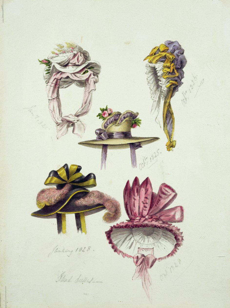 Motiv för Regency Hats, 1828 (wc med penna på papper) av English School