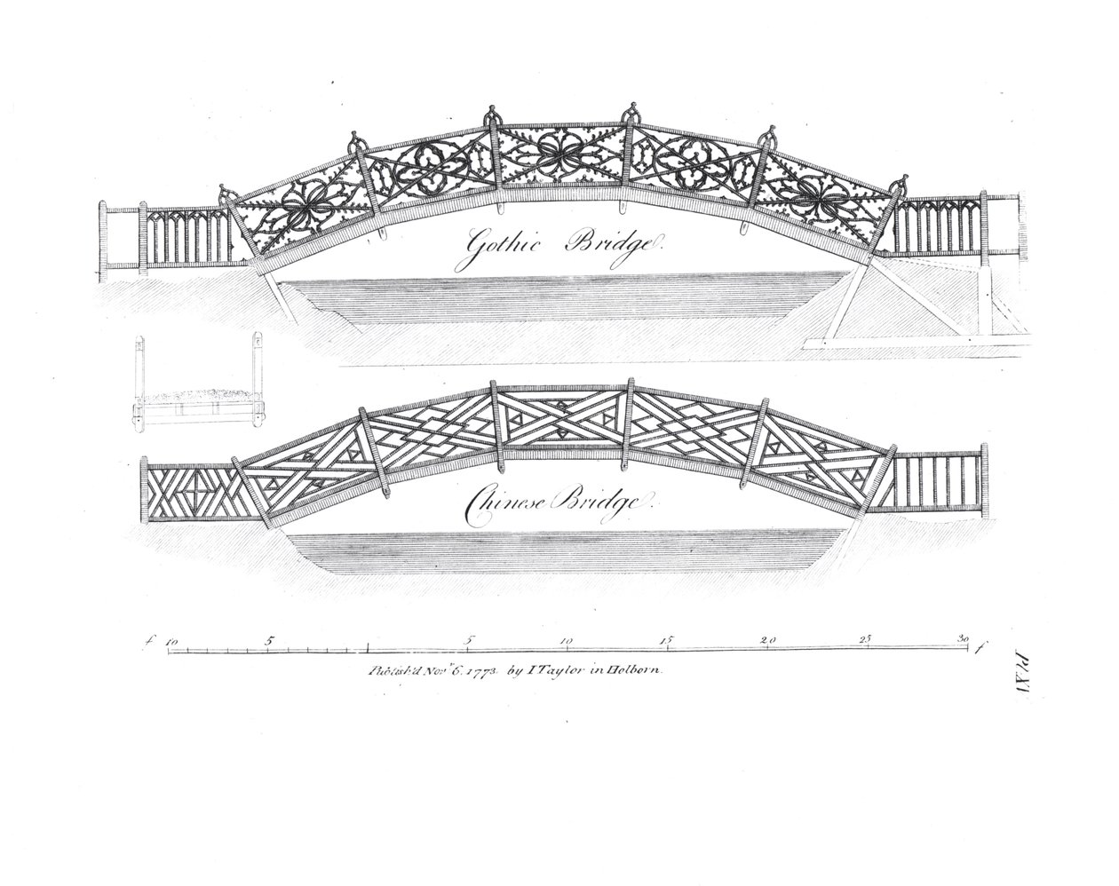 Design för trädgårdsbroar, publicerad 1773 av English School