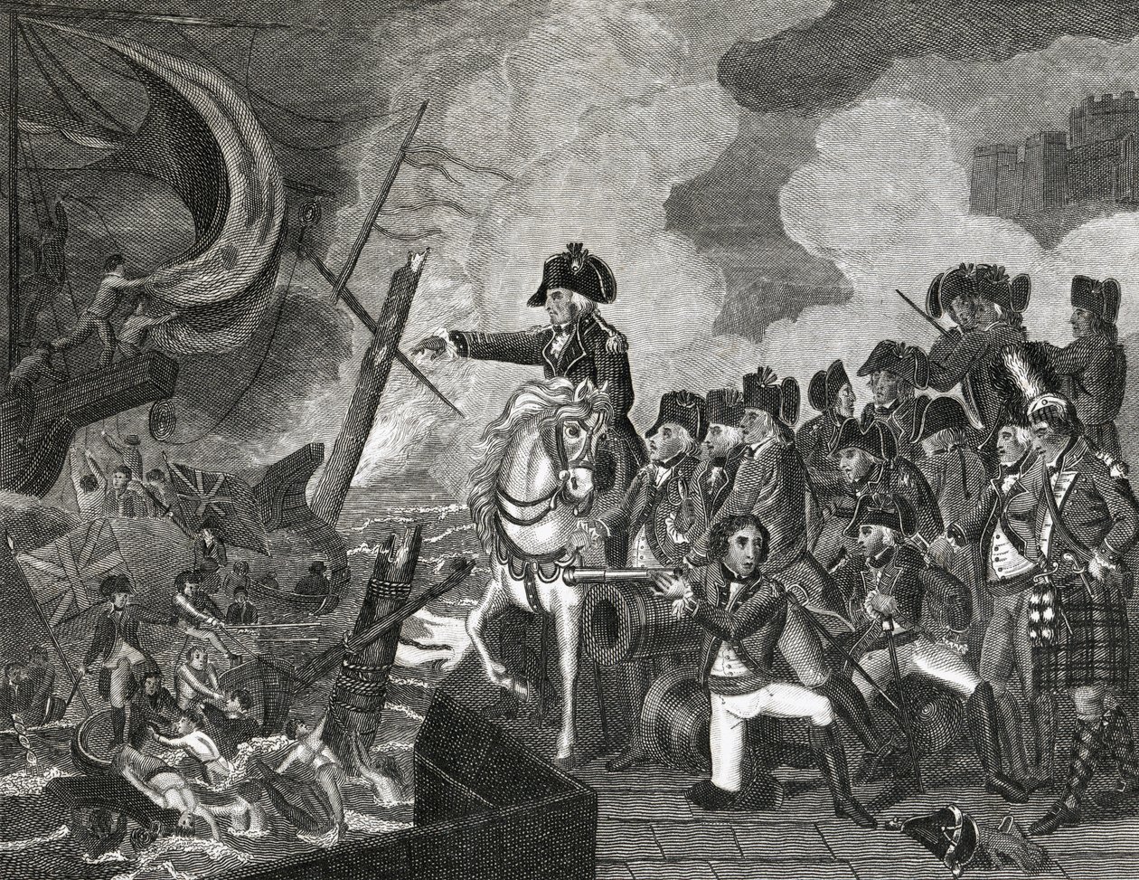 Destruction of the Gun Boats Before Gibraltar, graverad av H.Cook, 1816 av English School