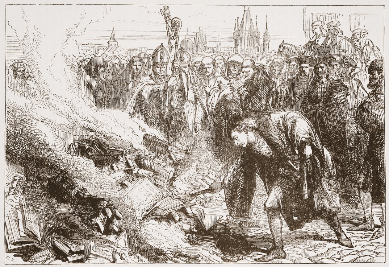 Förstörelse av Wickliffes verk i Prag, illustration från The History of Protestantism av James Aitken Wylie (1808-1890), pub. 1878 av English School