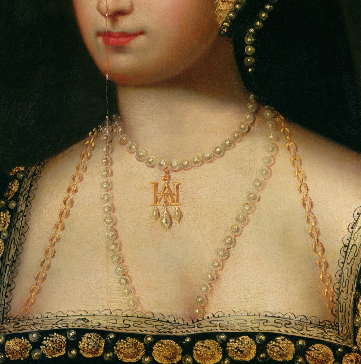 Detalj från ett porträtt av Anne Boleyn (1504-36) c.1533 (olja på duk) av English School