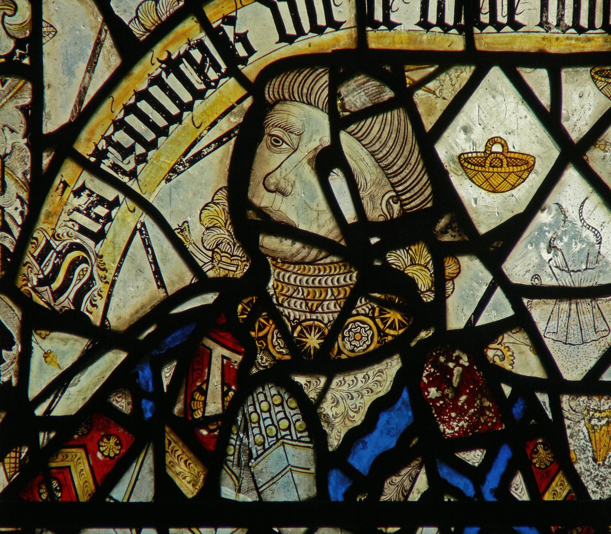 Detalj från ett fönster som visar givaren (målat glas) (detalj av 344929) av English School