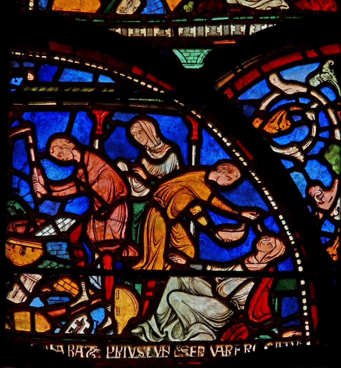 Detalj från Mirakelfönstret som visar Geoffrey av Winchesters mor som ber till St.Thomas av English School