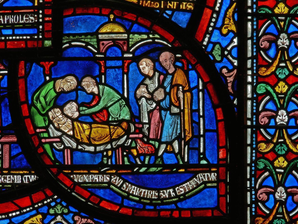 Detalj från Miracle Window som visar Jordan Fitzeisulfs berättelse av English School
