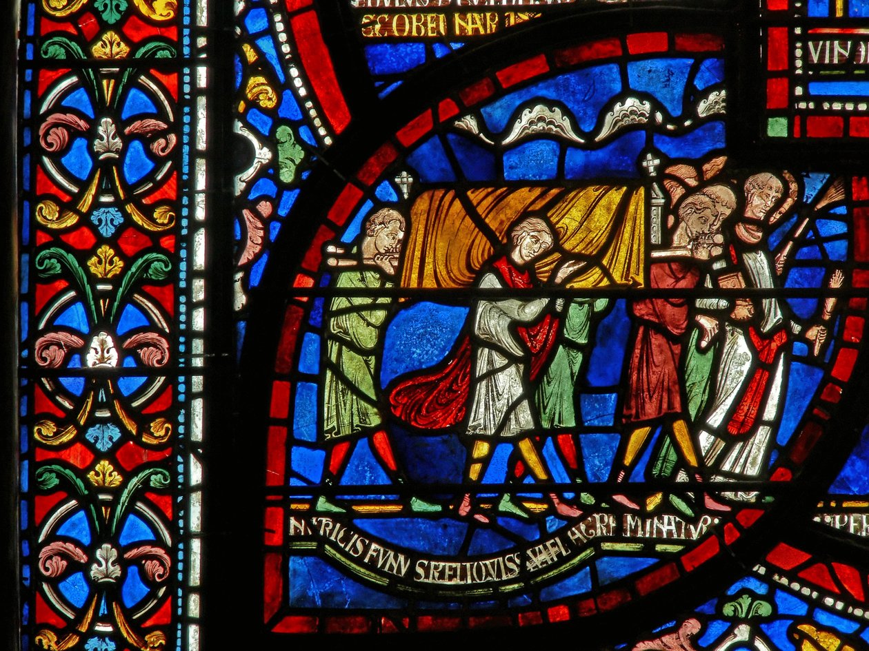 Detalj från Miracle Window som visar Jordan Fitzeisulfs berättelse av English School