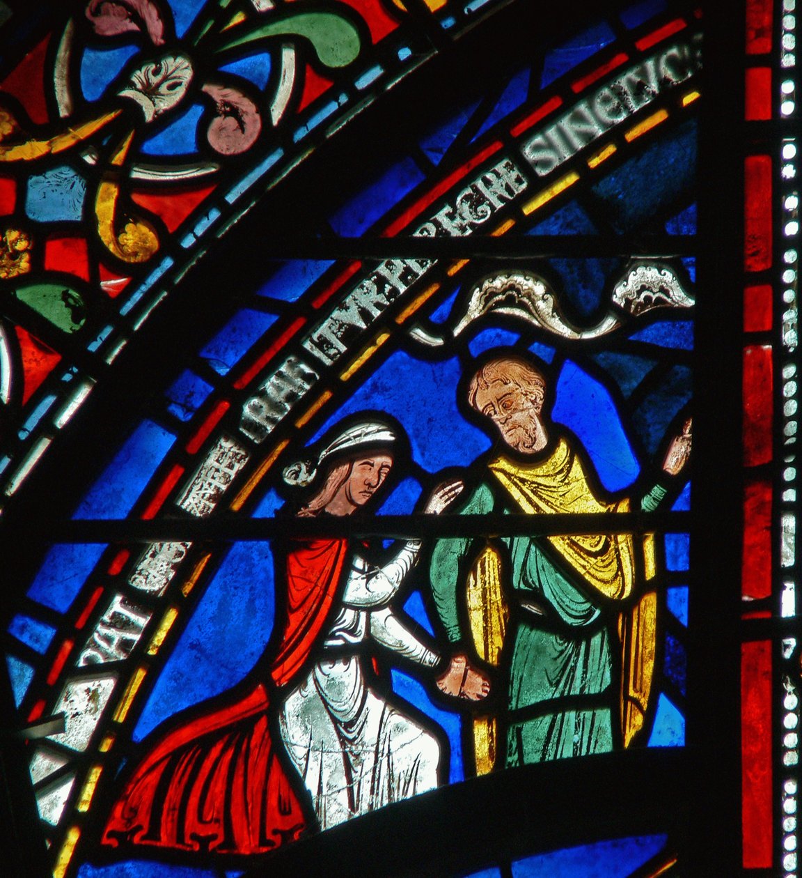 Detalj från Miracle Window som visar historien om Juliana från Rochesters (färgad klass) av English School