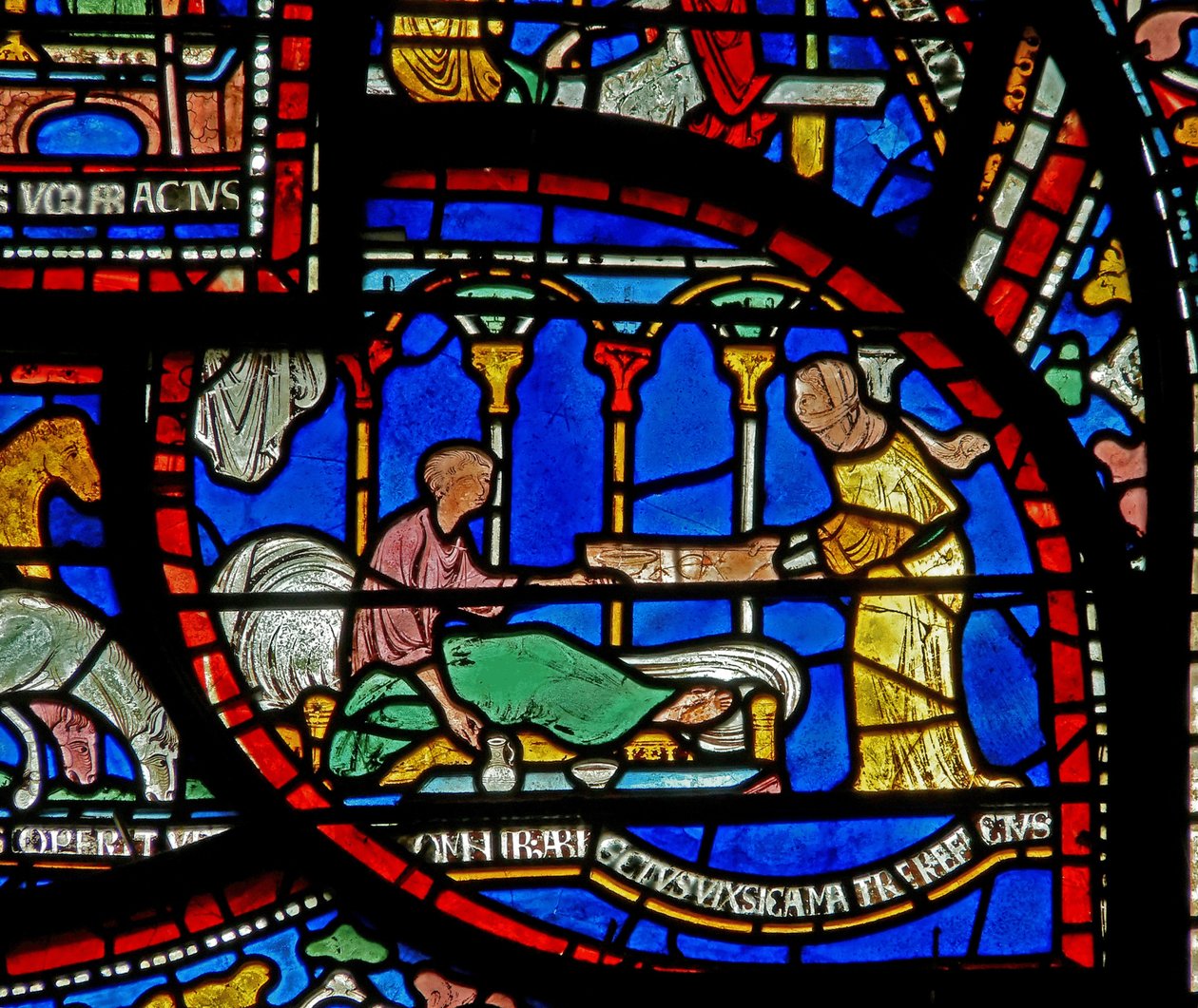 Detalj från Miracle Window som visar Richard Sunieves berättelse av English School