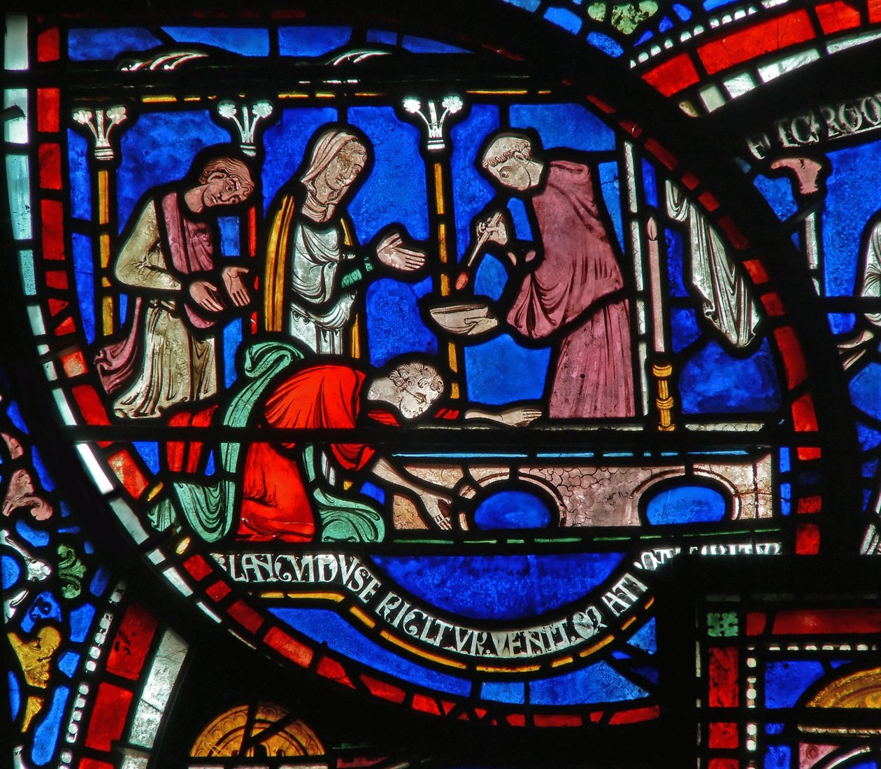 Detalj från Miracle Window som visar Richard Sunieves berättelse av English School