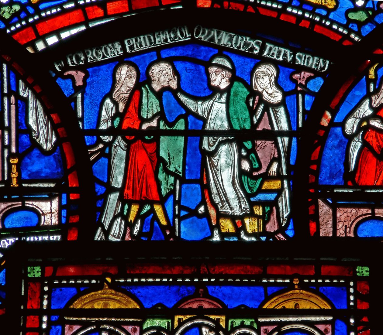 Detalj från Miracle Window som visar Richard Sunieves berättelse av English School