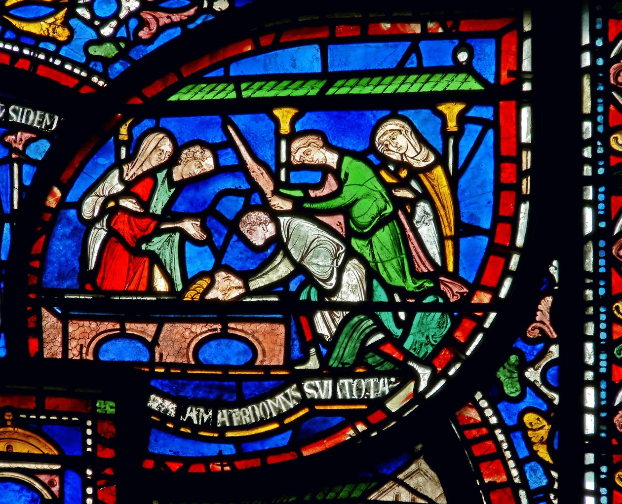 Detalj från Miracle Window som visar Richard Sunieves berättelse av English School